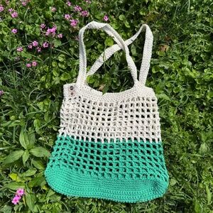 Handmade Crochet Green and White Market Bag